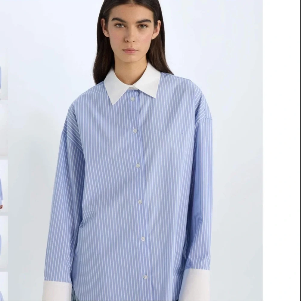&merci Oversize Fit Striped Poplin Long Sleeve Shirt Blue Cotton Large NWTS - Picture 1 of 5